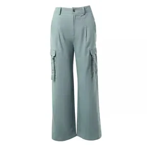 Vintage Amerikaanse stijl cargobroek met hoge taille en rechte pijpen in blauwgroen