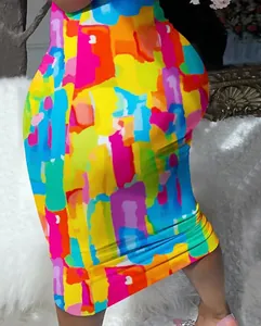 Detailed macro view of a vibrant multicolored abstract print bodycon skirt for women