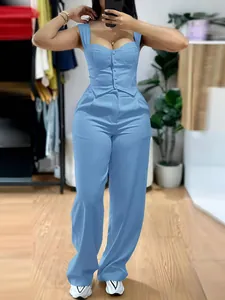 Women Casual Solid Color Camisole Top And Wide Leg Pants Set Polyester Spandex High Waist Sleeveless Tank And Trouser Outfit