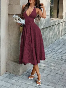 Elegant burgundy halter neck pleated maxi dress with floral lace texture