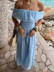 Elegante Off-Shoulder Maxi-jurk met Ruffles Zomervakantie Blauw Tencel Effen Kleur Gelaagde Strandjurk Vrouwen Mode Kleding