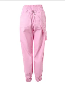 Back view of pink American retro casual cargo pants with elastic waist and suspender straps