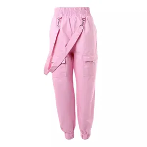 Trendy pink high-waisted cargo pants with straps and elastic ankle cuffs for women.
