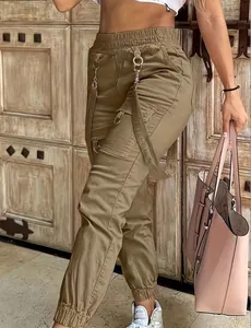 American vintage khaki multi-pocket cargo jogger pants with decorative straps for women