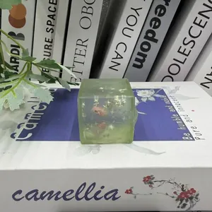 Primer plano de un juguete squishy verde con forma de cubito de hielo y conchas.