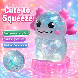 Jouet Squishy Axolotl à Remontée Lente Anti-Stress Avec Paillettes Scintillantes TPR Animal Décoration de Bureau