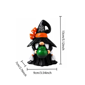 Detailed size view of a cute Halloween witch gnome resin figurine for home decor.