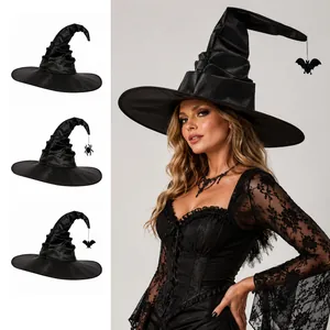 Sombrero de bruja plisado vintage con adornos de araña y murciélago para Halloween