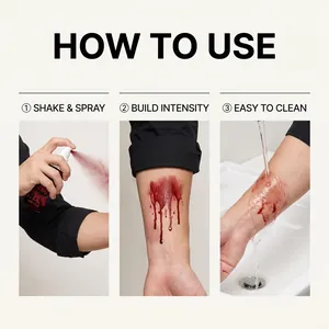 Steps for using fake blood spray for Halloween vampire and zombie makeup.