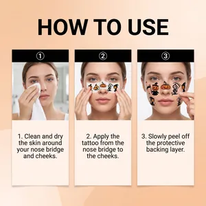 Three-step facial application tutorial for spooky Halloween pumpkin tattoo stickers