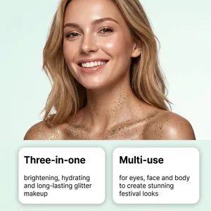 Close-up view of hydrating dark green festival glitter gel makeup for face and body
