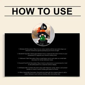 Instructional guide showing usage of the Halloween witch gnome statue in six home scenarios