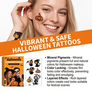 Vibrant pumpkin Halloween temporary tattoos with safe mineral pigments for festive makeup.