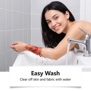 Detailed view showing the easy-wash feature of Halloween fake blood on skin with water