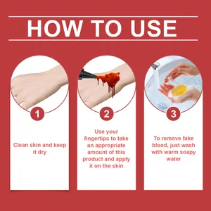 Instrucciones detalladas de tres pasos para aplicar y quitar la sangre falsa de Halloween.
