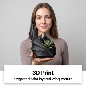 Détail du pot de fleurs de chauve-souris gothique imprimé en 3D avec texture d'aile