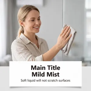 Detail of a woman cleaning a glass surface with a soft cloth and mild mist spray.