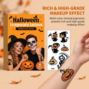 Detailed view of Halloween pumpkin temporary tattoos showing packaging and skin application