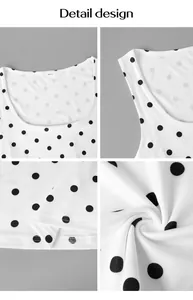 Gros plan détaillé du débardeur Y2K blanc à pois noirs et texture du tissu