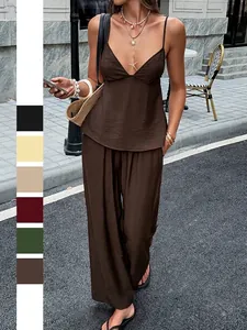 Damen Urlaub V-Ausschnitt Cami Top Und Weite Hose Set Einfarbig Zweiteiler Outfits Sommer Strand Freizeitkleidung