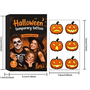 Halloween pumpkin temporary tattoo set shown with detailed size dimensions in cm and inches