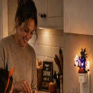 Luce notturna a forma di fantasma inserita in una presa a muro in cucina per Halloween