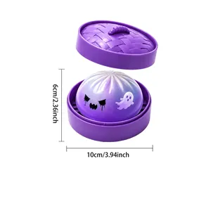 Macro view showing dimensions of purple Halloween ghost bun squishy toy in steamer