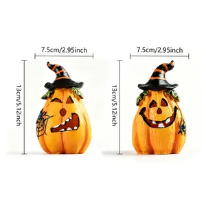 Two decorative Halloween pumpkin resin figurines with wizard hats and exact dimensions