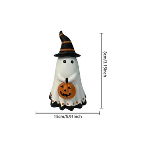 Vista detallada de figura de fantasma de Halloween con dimensiones en cm y pulgadas