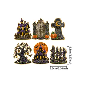 Detailansicht von sechs DIY-Halloween-Acryl-Diamantmagneten mit Maßen und Mustern