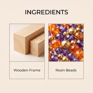 Macro detail of DIY diamond painting ingredients including wooden frame and resin beads