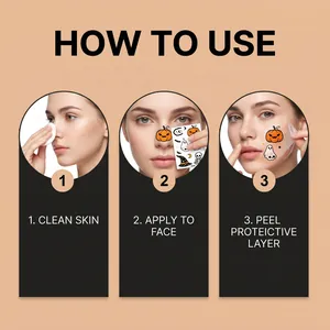 Step-by-step guide on how to apply Halloween pumpkin and ghost facial tattoos.