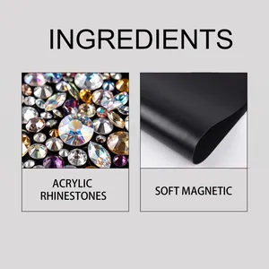 Detailansicht von bunten Acryl-Strasssteinen und schwarzer Weichmagnetfolie für DIY-Projekte.