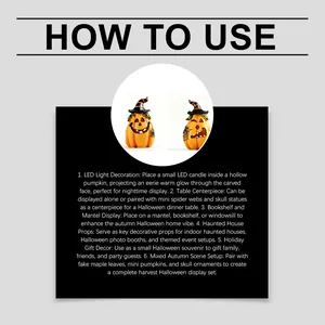 Instructional guide for resin Halloween pumpkin decorations showing six ways to use