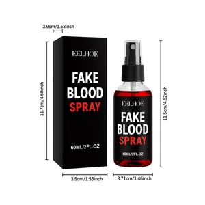 Detailliertes Maßdiagramm von EELHOE Halloween Kunstblutspray Flasche und Verpackung.