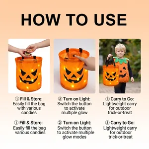 Instructional guide for Halloween LED pumpkin bucket showing candy filling and light activation