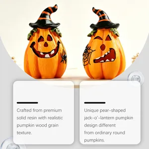 Close-up of pear-shaped resin Jack-o'-lanterns with realistic wood grain texture.