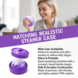 Detail of purple ghost bun squeeze toy with realistic steamer case in TPR material