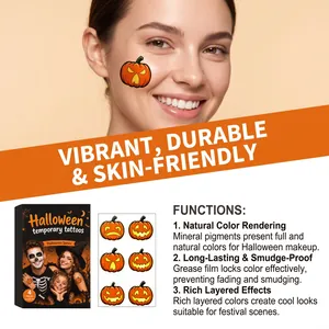 Macro detail view of vibrant skin-friendly pumpkin temporary tattoos for Halloween makeup.