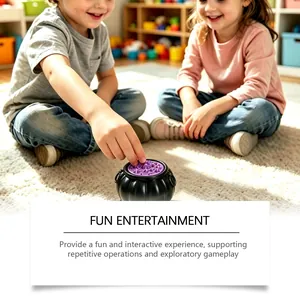 Close-up of children playing with an interactive Halloween witch cauldron toy in a cozy room