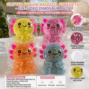 Jouet anti-stress axolotl coloré rempli de paillettes disponible en quatre couleurs