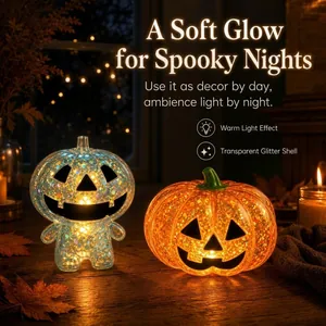 Glowing Halloween pumpkin squeeze toy with transparent glitter shell and warm light.