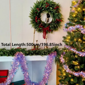 Detailed view of shiny purple tinsel garland used for festive Christmas home decoration