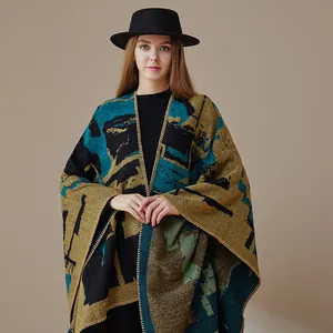 Poncho in maglia calda con motivo astratto da donna, scialle moda viaggio