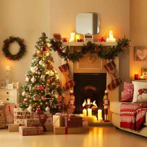 Detailed view of festive Christmas tinsel garland decorating a cozy home fireplace scene