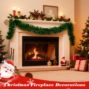 Detail of 2m green Christmas tinsel garland decorating a cozy warm fireplace mantle.
