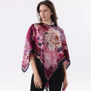 Châle élégant en satin imprimé floral pour femmes, écharpe de protection solaire bordeaux
