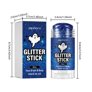 Guida alle taglie dettagliata per lo stick glitterato blu di Halloween con dimensioni.