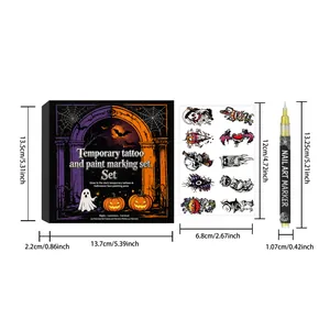 Detaillierte Größenangaben für das Halloween-Tattoo- und Farbstift-Set für Partys.