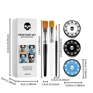Dimensiones detalladas del set de pintura corporal Halloween con 3 pinceles y botes